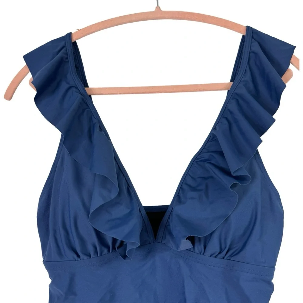 Women’s Size M One Piece Swimsuit Dark Blue Deep V Neck Ruffles Ruching NWOT - Picture 2 of 8